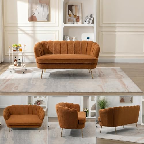 Modern Boucle Loveseat Couch,Futon Small Sofa with Gold Metal Legs | 2-Seater Upholstered Mini Sofa Couches for Small Space,Living Room Bedroom Office Dorm Studio Apartment Love Seat Couche - color: Brown