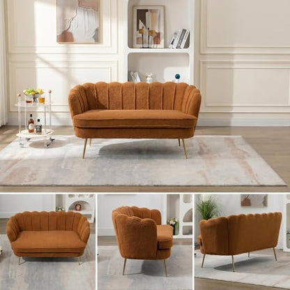Modern Boucle Loveseat Couch,Futon Small Sofa with Gold Metal Legs | 2-Seater Upholstered Mini Sofa Couches for Small Space,Living Room Bedroom Office Dorm Studio Apartment Love Seat Couche - color: Brown