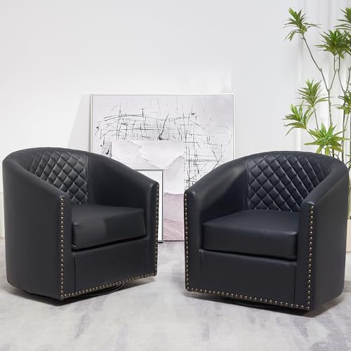 KINWELL 29" W Faux Leather Tufted PU Swivel Barrel Chairs Set of 2, Black | No Assembly Vegan Leather Upholstered Swivel Accent Chairs with Nailhead Trim, Small Armchairs for Small Spaces Apartment - color: Black, style: Set of 2