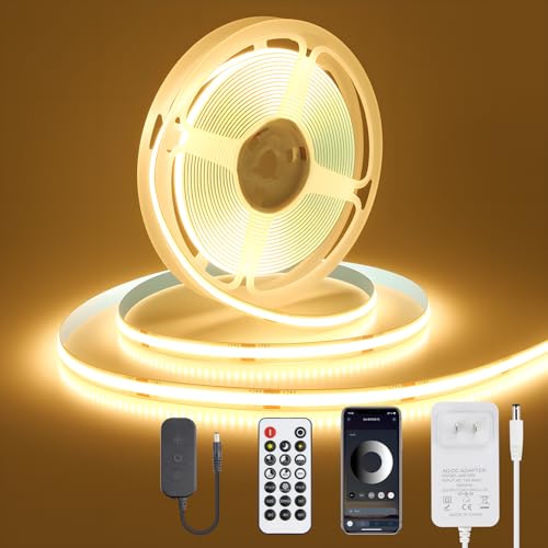 ALITOVE 16.4FT COB LED Strip Lights 24V Warm White 3000K with APP Remote | Strong Adhesive LED Tape Light, Flexible Cuttable LED Light Strip, Bright & Dimmable, for Bedroom Cabinet Kitchen Backlight - color: 3000K Warm White, size: 16.4FT