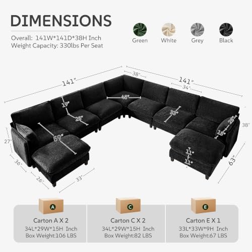 Ihanherry 139" Oversized V-Shaped Modular Sectional Couch, 9-Seater Cloud Sofa with Corner & Movable Ottoman, Large Cushions, Chenille Deep Seat Living Room Furniture Set,Black - color: Black, size: 139" 9 Seat V Sofa