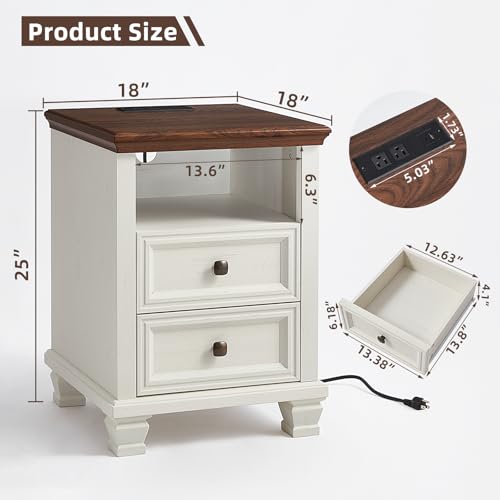 Farmhouse Side Table with Charging Station, White | Antique Nightstands for Bedroom with Drawers, Bedside Table with Open Shelf & Thickened Top & Square Wooden Legs - color: White, size: 18"D x 18"W x 25"H (2 Drawers)