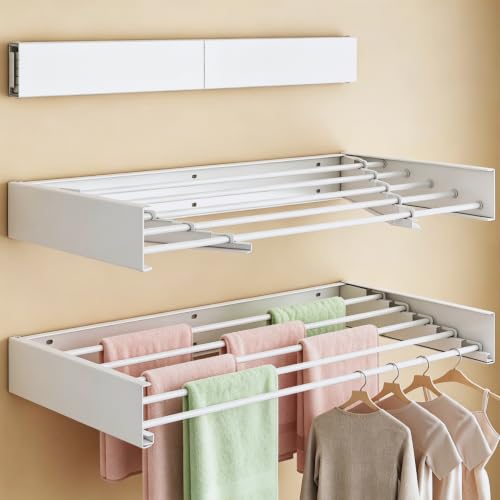 31.5-Inch Wall Mounted Foldable Clothes Drying Rack, White | Space-saving rack folds against the wall when not in use and includes a mounting template for indoor or balcony drying - color: White, W31.5''