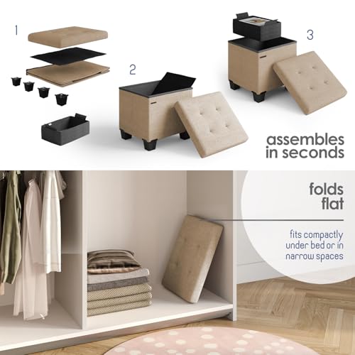 Storage Ottoman Cube with Small Bin, 15-in Square Ottoman with Storage for Living Room and Bedroom, Small Ottomans Foot Rest, Fabric Foot Stools Ottomans Max 330lbs, Taupe - color: 07 - Taupe