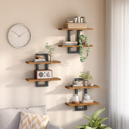 HOOBRO Floating Shelves, 15 Inch Wall Shelf Set of 3, Wall Mounted Storage Shelves 2-Tier, Hanging Bathroom Shelves, for Living Room, Bedroom, Bathroom, Kitchen, Rustic Brown and Black BF32BJP301 - color: Rustic Brown + Black