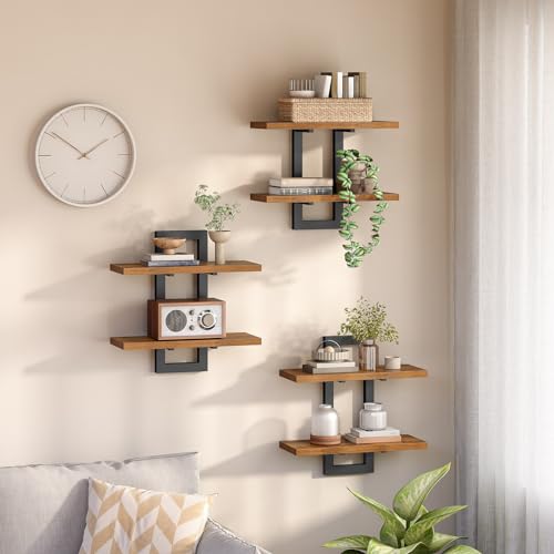 HOOBRO Floating Shelves, 15 Inch Wall Shelf Set of 3, Wall Mounted Storage Shelves 2-Tier, Hanging Bathroom Shelves, for Living Room, Bedroom, Bathroom, Kitchen, Rustic Brown and Black BF32BJP301 - color: Rustic Brown + Black