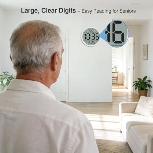 Digital Atomic Wall Clock Battery Operated, 8 Inch Large Display | Never Needs Setting Clock with Date and Temp, Auto DST, Self-Setting Time, Easy to Read for Bedroom, Living Room, Office - color: White