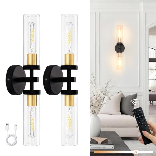 Shenmoyl Set of 2 Wall Sconces, 7800 mAh Battery Operated Wall Sconce with 3 Colors & Remote Control, Black Gold Rechargeable Wall Lamp with Clear Glass Shade for Bedroom, Bathroom, Stairwell, Hallway - color: Double-head Black&Gold - Clear Glass