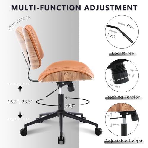 Home Office Chair No Arms with Wheels, Mid Back Walnut Style, Brown | Adjustable Height PU Leather Mid Back Support, 360 Swivel Computer Small Desk Seat, Armless Walnut Office Chair, 300LBS Cap - color: Brown, size: MCM Style