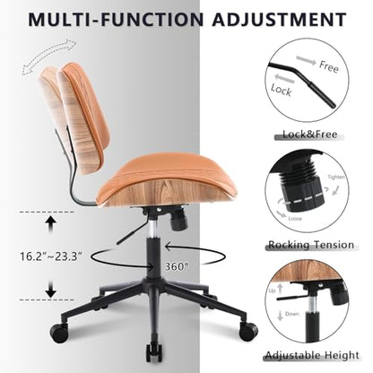 Home Office Chair No Arms with Wheels, Mid Back Walnut Style, Brown | Adjustable Height PU Leather Mid Back Support, 360 Swivel Computer Small Desk Seat, Armless Walnut Office Chair, 300LBS Cap - color: Brown, size: MCM Style