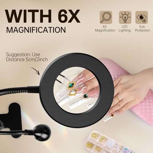 AORAEM LED UV Nail Lamp with Double-Head and 6X Magnifier, Black | Gooseneck Lamp for Gel Nails, Flash Cure Lamp for Home DIY Salon - color: Magnifier-Black