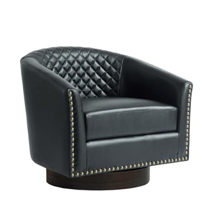 Faux Leather Swivel Accent Chair, Modern Barrel Club Armchair, Black | Comfy Living Room Chair, Modern Nailhead Trim Round Armchair Bedroom Reading Seat with Removable Cushion, Wood Frame - color: Retro Black