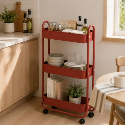 SunnyPoint Slim Rolling Storage Cart, 3 Tier Bathroom Storage Organizer Bathroom, Laundry Utility Cart (RED) - color: Red