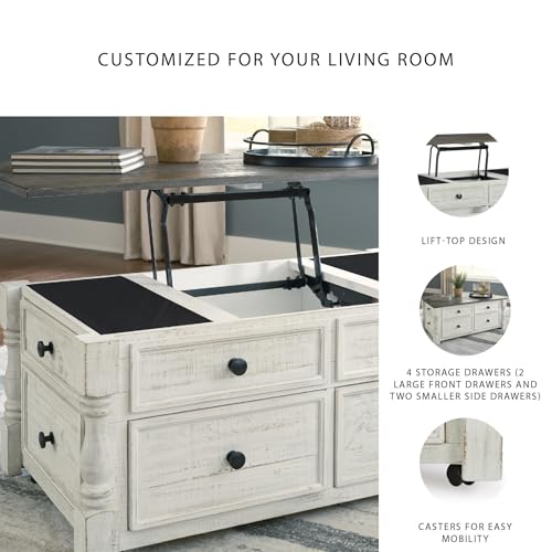 Signature Design by Ashley Havalance Lift-Top Coffee Table with Storage | Pine wood, Pine veneer and engineered wood, Two-tone distressed finish, 4 storage drawers, Casters, White and gray
