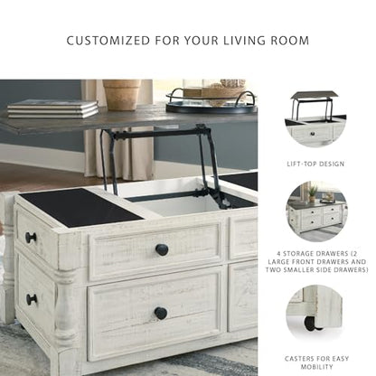 Signature Design by Ashley Havalance Lift-Top Coffee Table with Storage | Pine wood, Pine veneer and engineered wood, Two-tone distressed finish, 4 storage drawers, Casters, White and gray