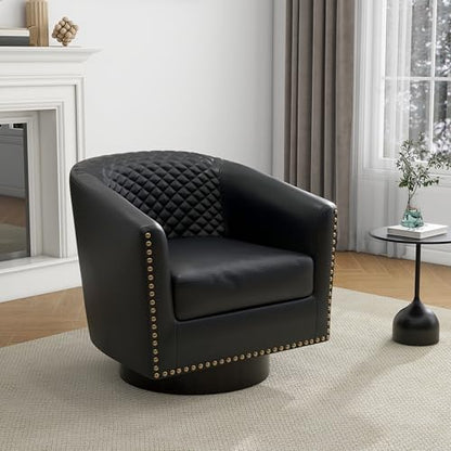 Faux Leather Swivel Accent Chair, Modern Barrel Club Armchair, Black | Comfy Living Room Chair, Modern Nailhead Trim Round Armchair Bedroom Reading Seat with Removable Cushion, Wood Frame - color: Retro Black