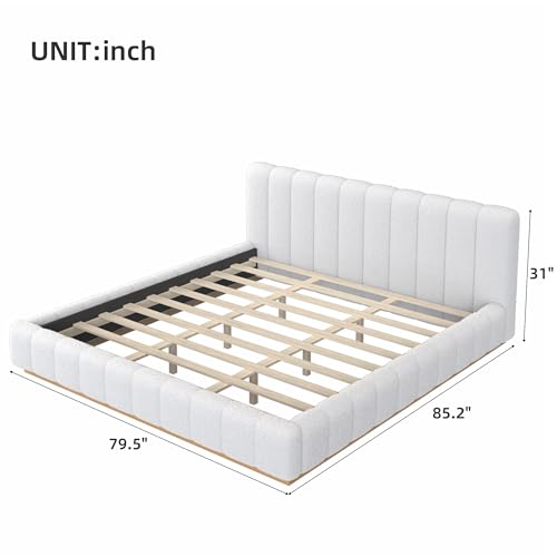 Majnesvon King Size Upholstered Bed Frame, Soft Boucle Bed Frame with Headboard, Low Profile White Platform Bed with Wood Base - size: King (U.S. Standard)