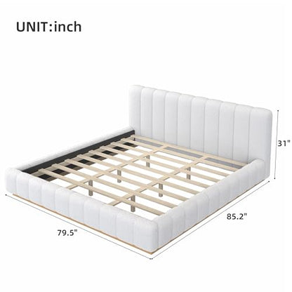 Majnesvon King Size Upholstered Bed Frame, Soft Boucle Bed Frame with Headboard, Low Profile White Platform Bed with Wood Base - size: King (U.S. Standard)