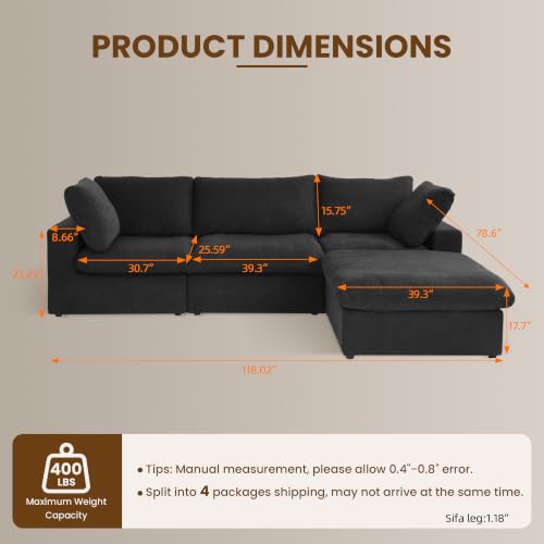 118" Cloud Modular Sofa, Convertible Modular L-Shaped Couch with Storage Ottoman, Cotton Linen Fabric Sofa for Living Room, Apartment and Bedroom, Removable Covers, 2 Pillows, Black - color: Black, size: L-Shape