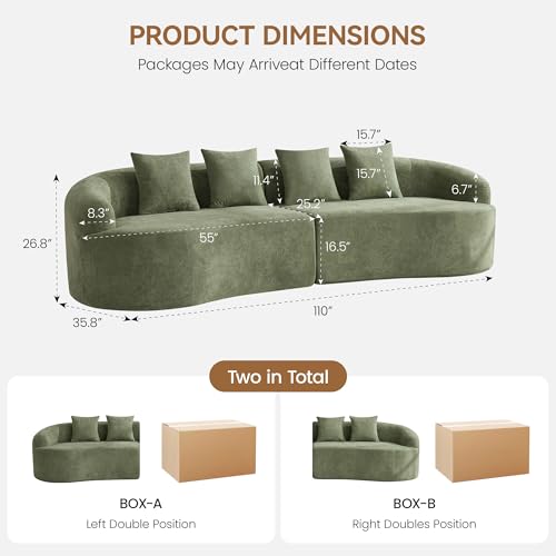 110" Boneless 4 Seater Sofa Couch, Modern Oversized Curved Cloud Sofa, Chenille 4-Seater Deep Seat Sectional Couches for Living Room, No Assembly, Green - color: Green, size: 4-Seater Sofa