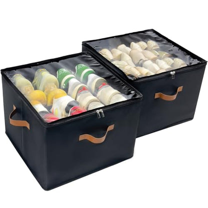 Shoe Organizer for Closet, 2 Pack Shoe Storage Bins with Clear Cover, Foldable and Adjustable Dividers, Fits 16-32 Pairs, Black