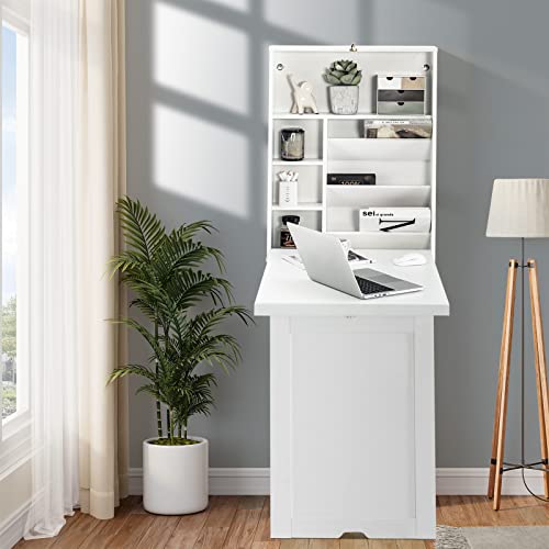 GOFLAME Wall Mounted Folding Desk, 3-Tier Tilt Storage Partition With Adjustable Shelves, Space-Saving Floating Laptop Desk, Convertible Writing Table for Home Office, White - color: White