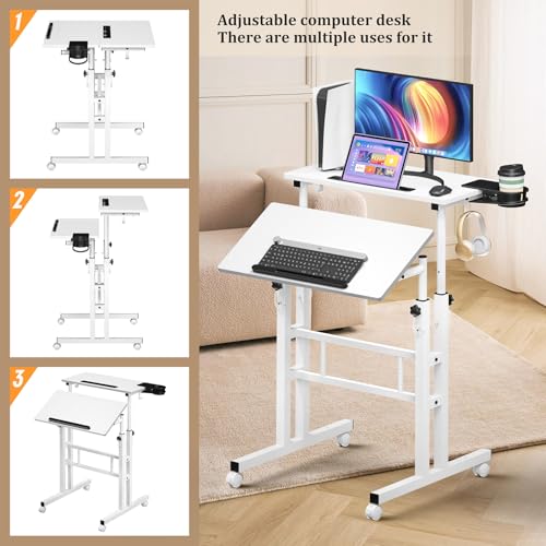 Enayplon Small Standing Desk with Wheels, Mobile Stand Up Desk, Portable Standing Table on Wheels for Walking Pad, Rolling Computer Desk Adjustable Height, Tall Table - color: White