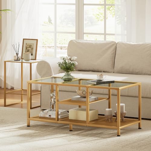 Glass Coffee Table, Minimalist Center Table for Living Room | Modern Coffee Table with Metal Frame & Open Storge, Easy Assembly, Coffee Tables for Small Space, 34.3" x 19" x 15.4", Gold - color: Gold