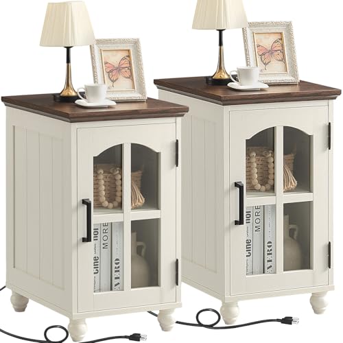 Narrow Side Table Set of 2, Farmhouse Nightstand with Charging Station | End Tables with Glass Barn Door, Cabinet Organizer with Adjustable Shelf, Night Stand for Small Spaces Living Room Bedroom - color: White, size: Set 2