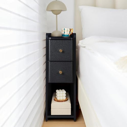 Narrow Nightstand Set of 2, Wooden Small 2 Drawer Nightstand, Slim Side End Table, Skinny Bedside Table, Mid Century Modern Night Stand with Drawers for Bedroom (Black-1 pc) - color: Black-1 Pc