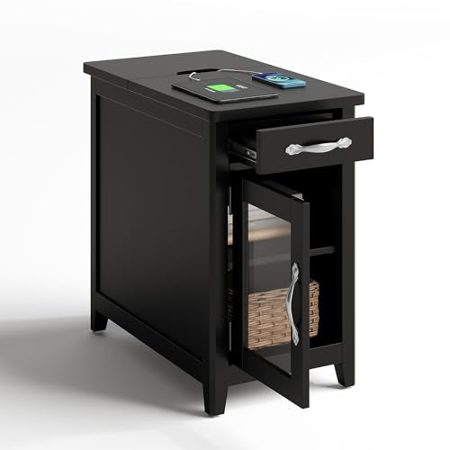 LINSY HOME End Table with Charging Station, Side Table for Bedroom with Drawer and Detachable Holder, Storage Shelf with Glass Door, Extra Storage & Display Space, Small Nightstand for Living Room | Built-in Charging Station with USB & Outlet, Drawer Stor
