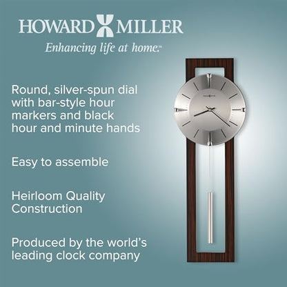 Howard Miller Mela Wall Clock with Pendulum | Wooden Frame, Silver Dial, Analog Quartz | Modern Minimalist Decor for Living Room, Office