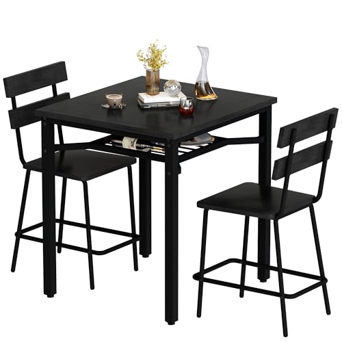 Hooseng 3 Piece Bar Table and Chairs Set, Counter Height Small Dining Table with 2 Bar Stools, Farmhouse Square Kitchen Table with Storage for Bistro, Pub, Small Space - color: Black