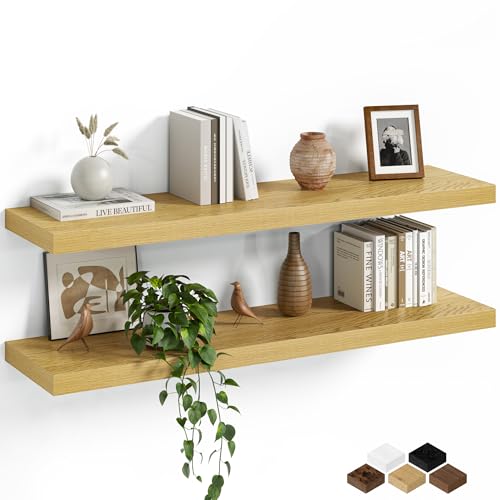 Fun Memories Floating Shelves for Wall, 36 Inch Long Set of 2 Rustic Wood Wall Shelves with Invisible Brackets, Heavy Duty Storage Display for Living Room Bedroom Kitchen, Oak - color: Oak, size: 6.5"D x 36"L - 2Pack