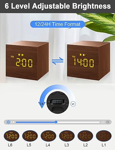 Digital Alarm Clock, with Wooden Electronic LED Time Display, 3 Alarm, 2.5-inch Cubic Small Mini Wood Made Electric Clocks for Bedroom, Bedside, Desk, Brown