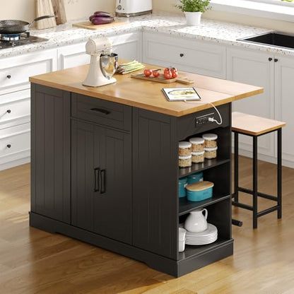 47" Kitchen Island with Seating, Stationary Island Table with Storage Include 2 Chairs, Kitchen Islands with Drop Leaf, Dining Table with Trash Cabinet & Power Outlet & Spice Rack, Black - color: Black