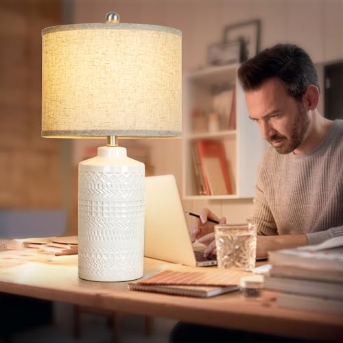 JUNNAI White Ceramic Table Lamp with Beige Shade: 3-Way Dimmable Night Stand Light Lamp 24.5" Modern Table Lamps for Living Room Bedroom End Table Office Entryway Lamps (Bulb Included - color: Beige Lampshade