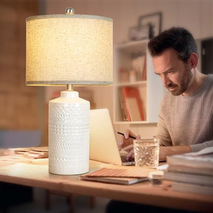 JUNNAI White Ceramic Table Lamp with Beige Shade: 3-Way Dimmable Night Stand Light Lamp 24.5" Modern Table Lamps for Living Room Bedroom End Table Office Entryway Lamps (Bulb Included - color: Beige Lampshade