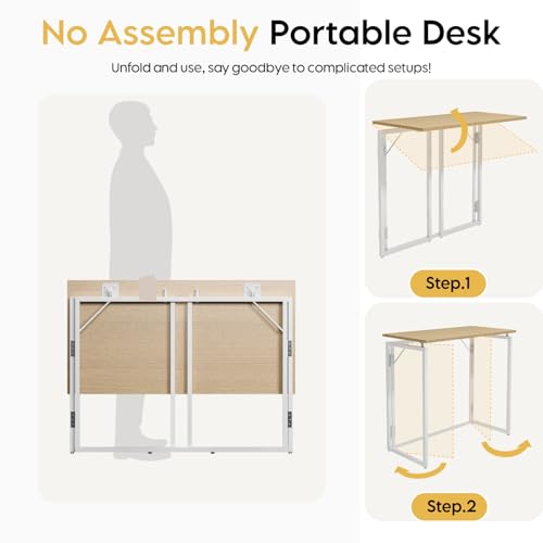 31.5" Folding Desk: No Assembly, Wood Top for Small Spaces | Home office desk, holds 150 lbs, folds flat to 2.3 in, splash-proof wood top, sturdy metal frame - color: Beige, size: 31.5"W x 15.7"D