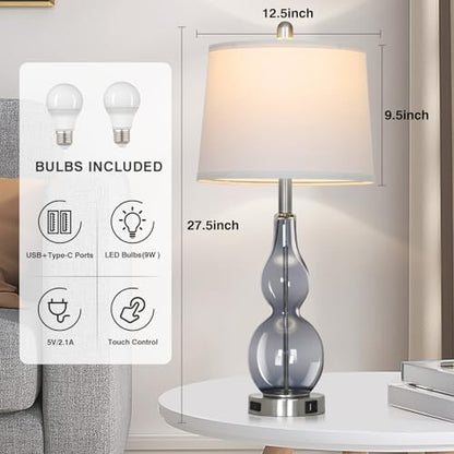 Rinweey 27.5" Gray Clear Glass Table Lamp Set of 2,3-Way Dimmable Touch Control Bedside Lamps with USB Ports and AC Outlet, Modern Nightstand Lamps for Bedroom Living Room - color: Grey-2