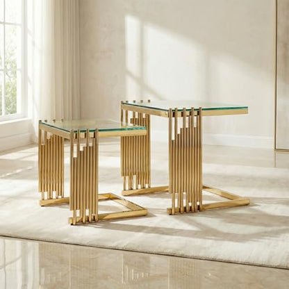 2-Piece Tempered Glass Coffee Table Set, Modern Nesting Tables with Gold Stainless Steel Frame, Space-Saving Accent End Tables for Living Room, Gold+Glass