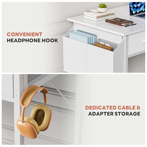 DUMOS 32" Home Office Computer Desk with Drawers, Small Gaming Writing Study Table with Storage Side Bag, Headphone Hook and Adjustable Feet for Bedroom White | Small Writing Desk for Home Office with Headphone Hook, Compact Study Table for Bedroom - colo