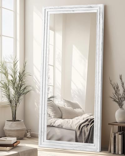 71x30in Full Length Mirror, 3-Tier Stepped Solid Wood Frame, White | Hanging Or Leaning Wall-Mounted, Large Floor Mirror, Living Room Bedroom Decor - color: White, size: 71"L x 30"W