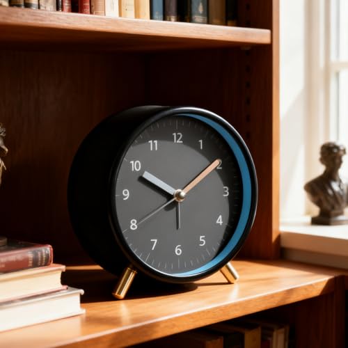 Yosoo Night Light Table Clock Modern Silent Bedside Desk Clock for Bedroom Alarm, Minimalist Design, Anti Impact, Scratch Proof, Easy to, Long Lifespan, (Black Round (with Alarm +Night Light))