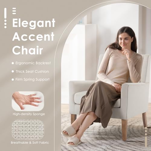 COLAMY Modern Wingback Living Room Chair, Upholstered Fabric Accent Armchair, Single Sofa Chair with Lounge Seat and Wood Legs for Office/Bedroom/Reading Spaces, Beige - color: Beige, size: Set of 1