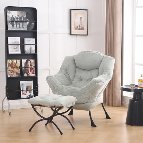 Lazy Chair with Ottoman, Comfy Accent Reading Chair, Plush Green | Foldable Footrest,Removable Cover,with Armrests and Side Pockets,Upholstered Lounge Chair for Bedroom,Dorm,Office,Small Space - color: Plush Green