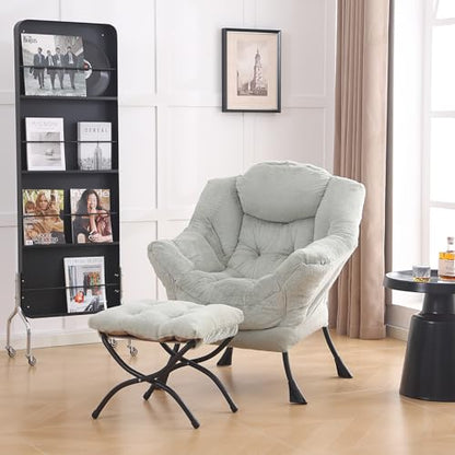 Lazy Chair with Ottoman, Comfy Accent Reading Chair, Plush Green | Foldable Footrest,Removable Cover,with Armrests and Side Pockets,Upholstered Lounge Chair for Bedroom,Dorm,Office,Small Space - color: Plush Green