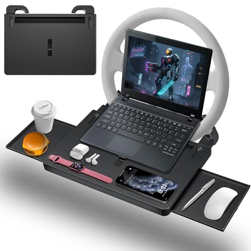 Steering Wheel Tray, Car Food Tray, Car Desk for Laptop, Multipurpose Car Table for Eating & Work, Adjustable Car Tray with Drawer and Anti-Slip Protective Adhesive - color: Black
