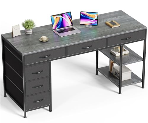 Huuger Computer Desk with 6 Drawers, Office Desk with Shelves, Reversible Gaming Desk, Corner Desk with Storage, Work for Home Office, Study, Living Room, 54inch, Grey - color: Grey, size: 54 inch