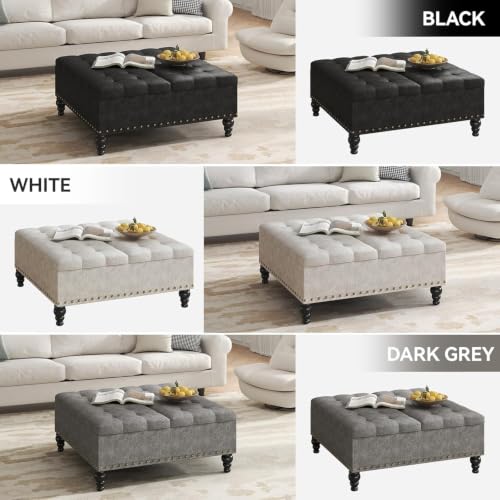 35" Ottoman Coffee Table, Storage Ottoman, Gray | Tufted Upholstered Coffee Table with Lift Top & Solid Wood Legs, Living Room